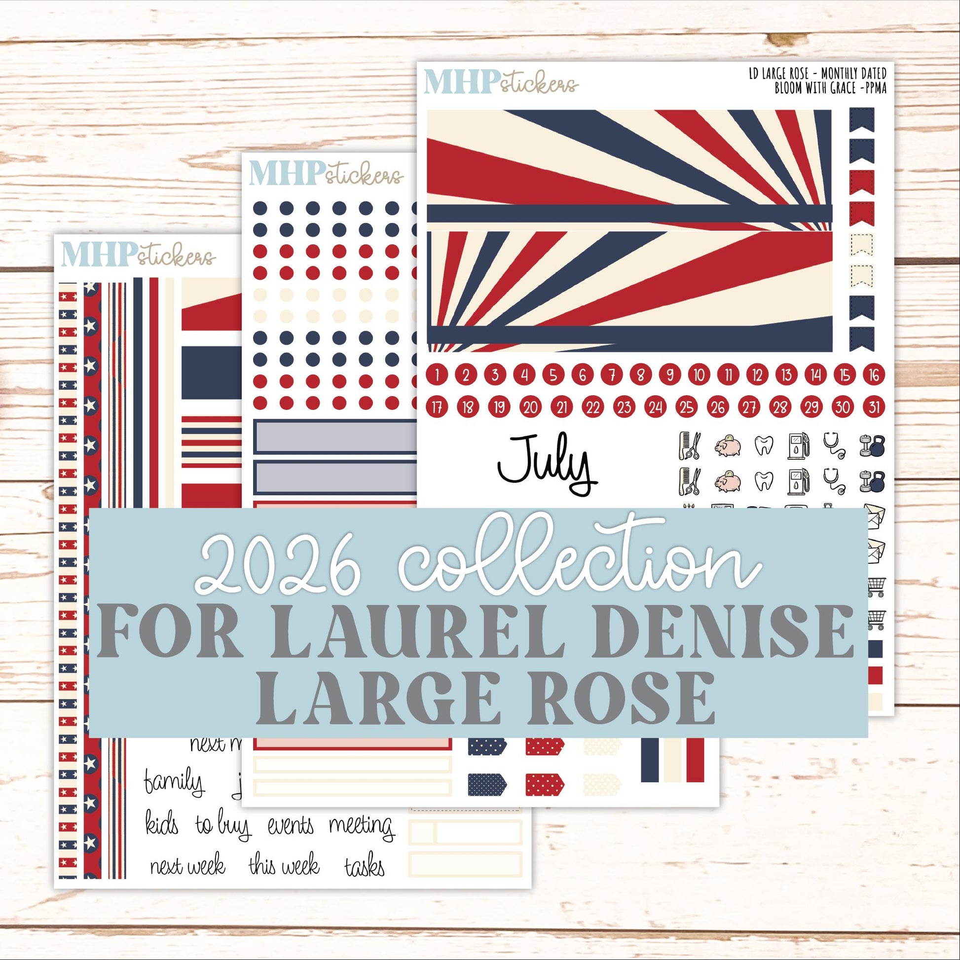 JULY 2026 Stickers for the Large Rose Laurel Denise Planner. "Vintage Stars & Stripes" || PP