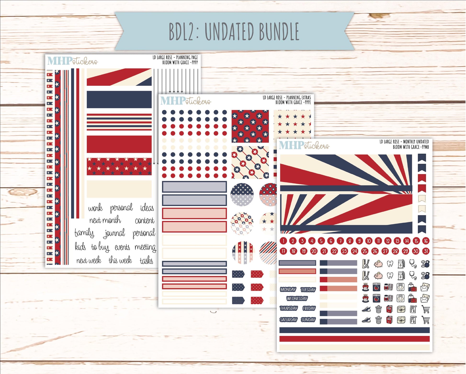 JULY 2026 Stickers for the Large Rose Laurel Denise Planner. "Vintage Stars & Stripes" || PP