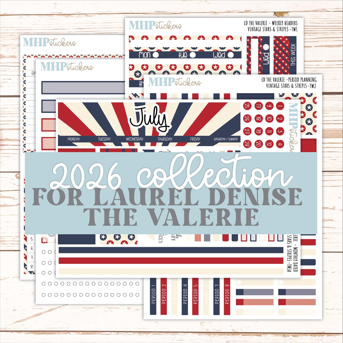 JULY Stickers for The Valerie Laurel Denise Planner "Vintage Stars & Stripes" || TC