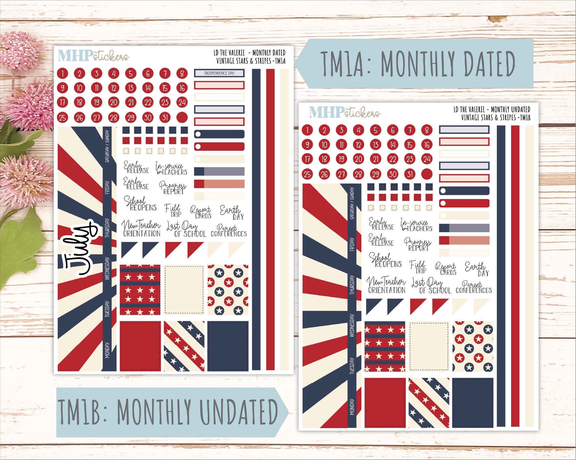 JULY Stickers for The Valerie Laurel Denise Planner "Vintage Stars & Stripes" || TC
