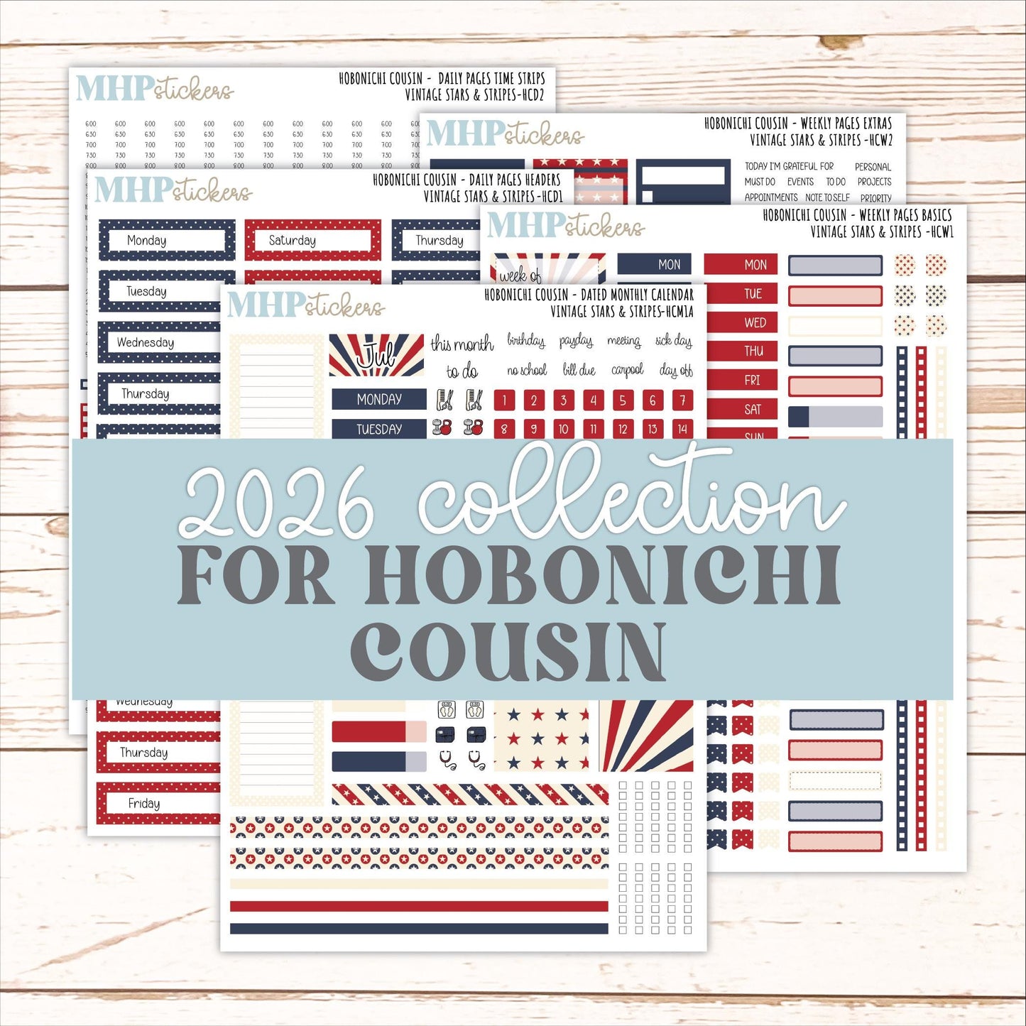 JULY 2026 Stickers for Hobonichi Cousin. A5 Planners "Vintage Stars & Stripes" || HC
