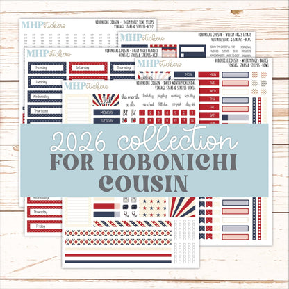 JULY 2026 Stickers for Hobonichi Cousin. A5 Planners "Vintage Stars & Stripes" || HC