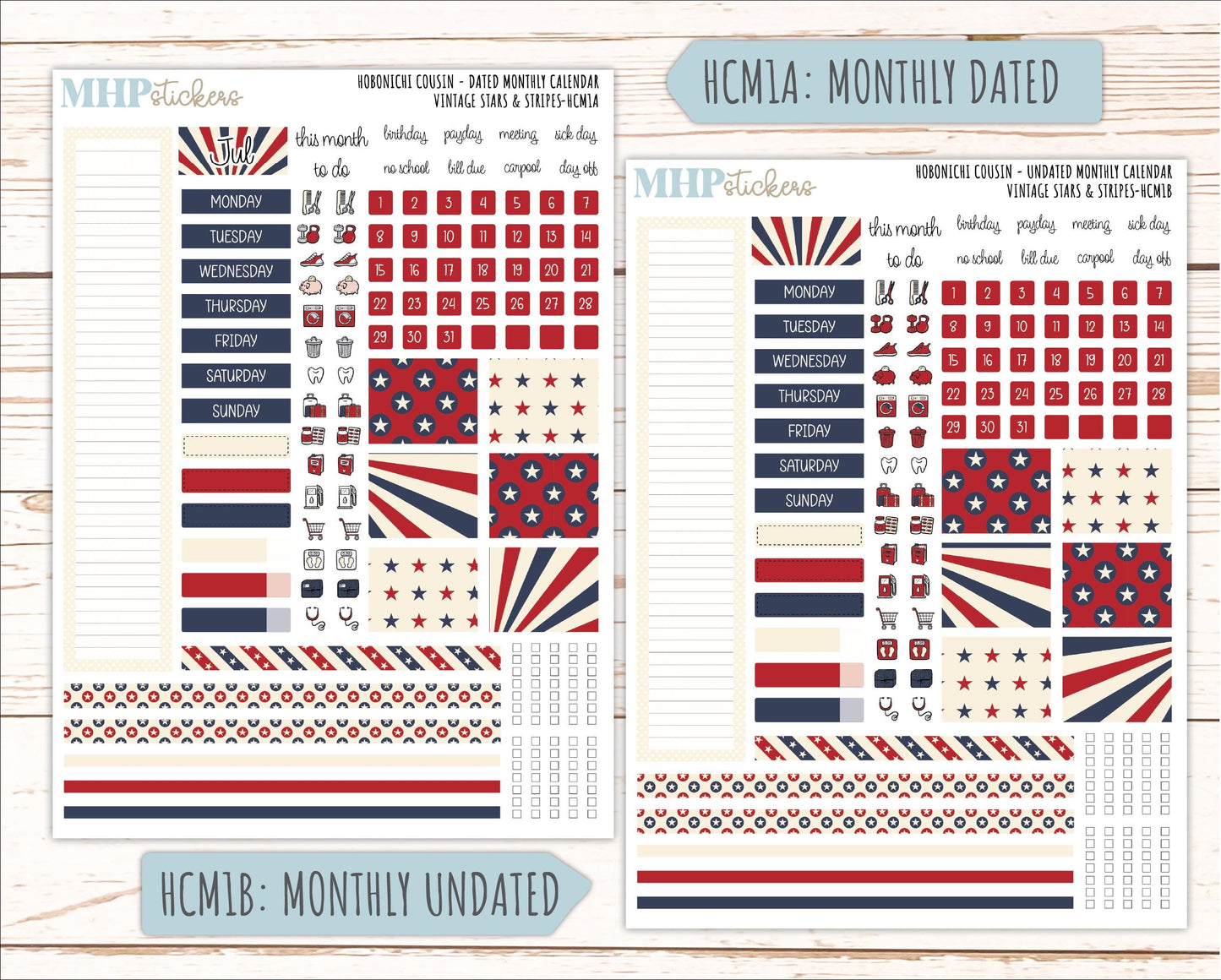 JULY 2026 Stickers for Hobonichi Cousin. A5 Planners "Vintage Stars & Stripes" || HC