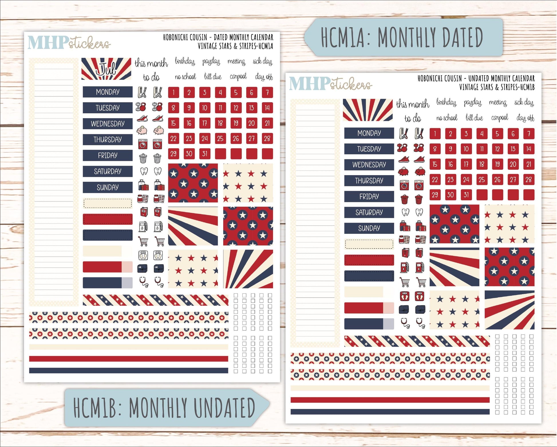 JULY 2026 Stickers for Hobonichi Cousin. A5 Planners "Vintage Stars & Stripes" || HC