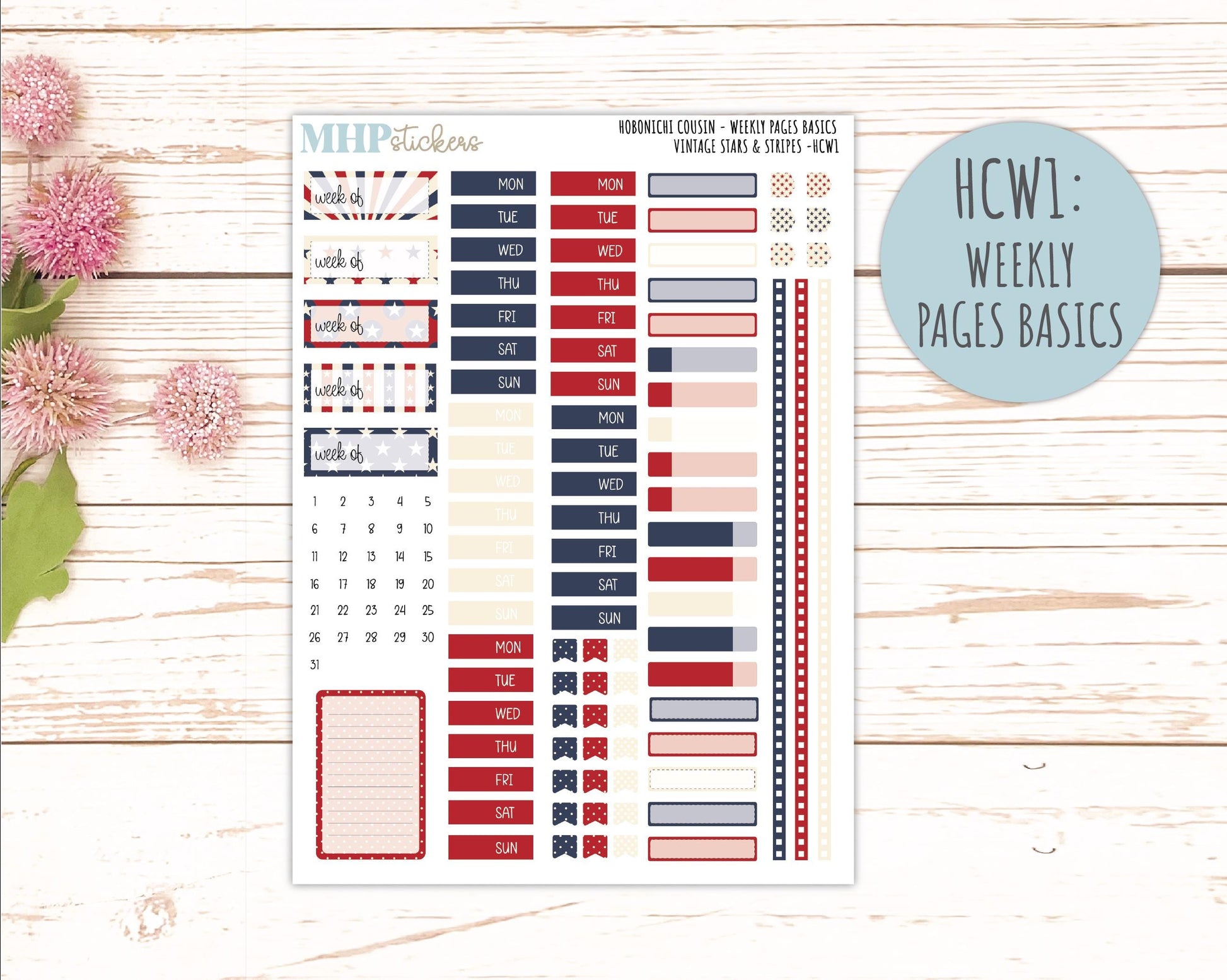 JULY 2026 Stickers for Hobonichi Cousin. A5 Planners "Vintage Stars & Stripes" || HC