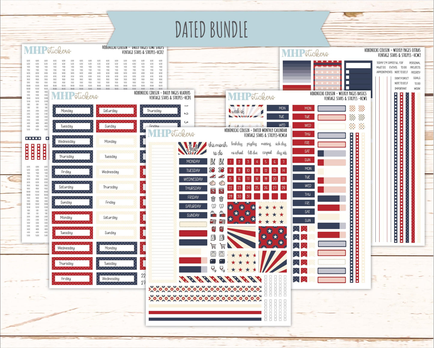 JULY 2026 Stickers for Hobonichi Cousin. A5 Planners "Vintage Stars & Stripes" || HC