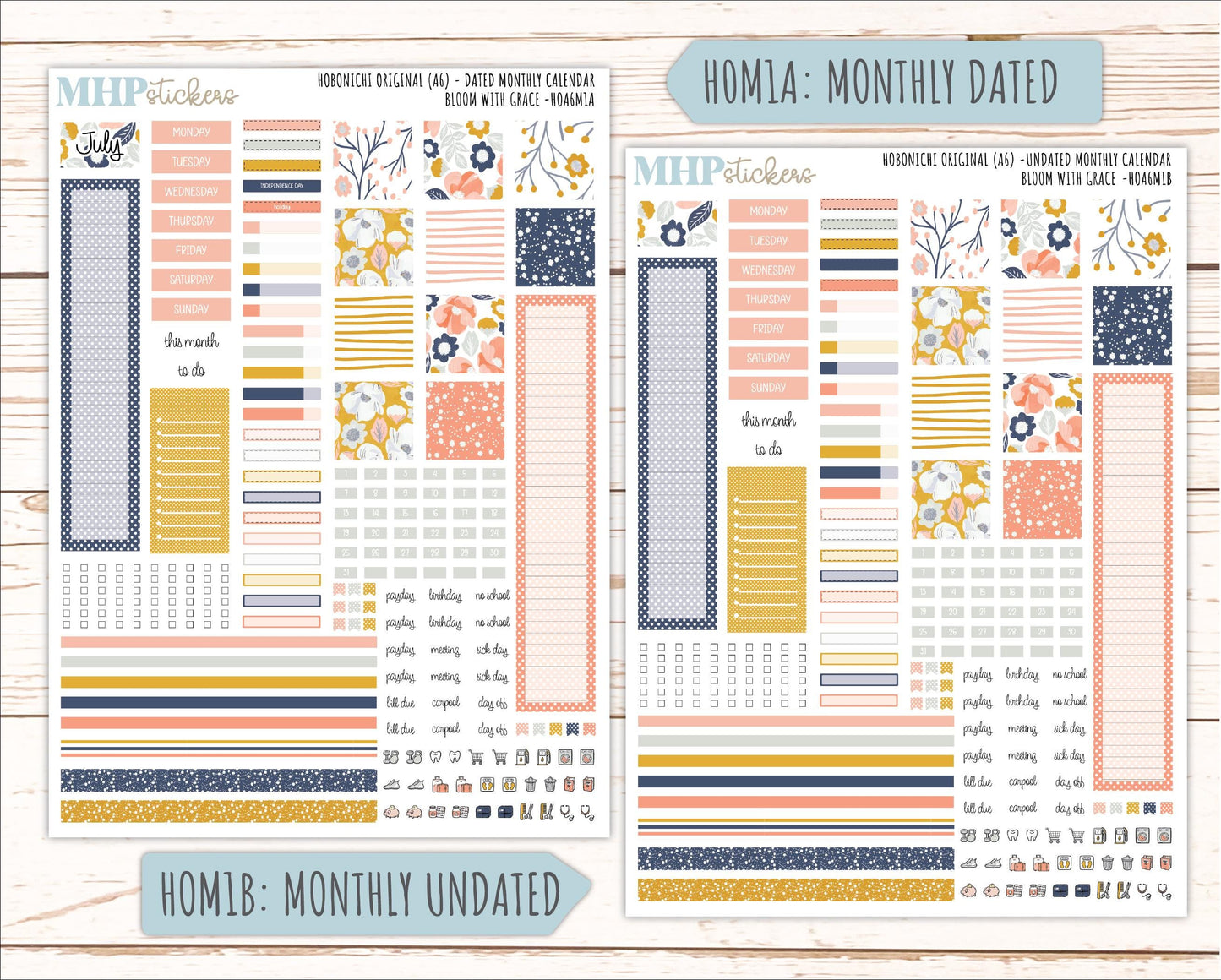 JULY 2026 Stickers for Hobonichi Techo Original. A6 Planners "Bloom with Grace" || HO