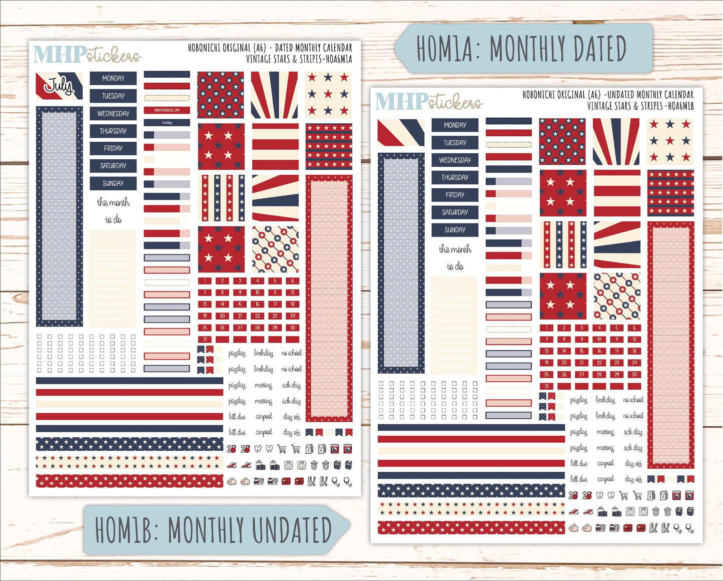 JULY 2026 Stickers for Hobonichi Techo Original. A6 Planners "Vintage Stars & Stripes" || HO