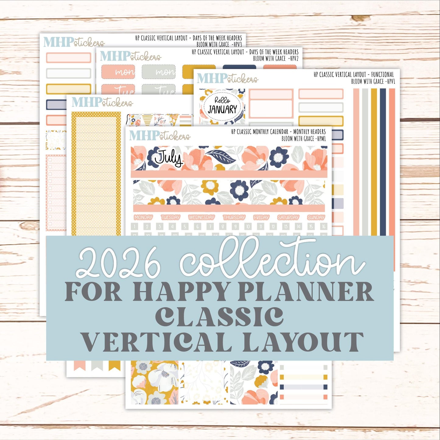 JULY Stickers for Happy Planner Classic Vertical Layout. 2026 Collection. "Bloom with Grace" || HPV