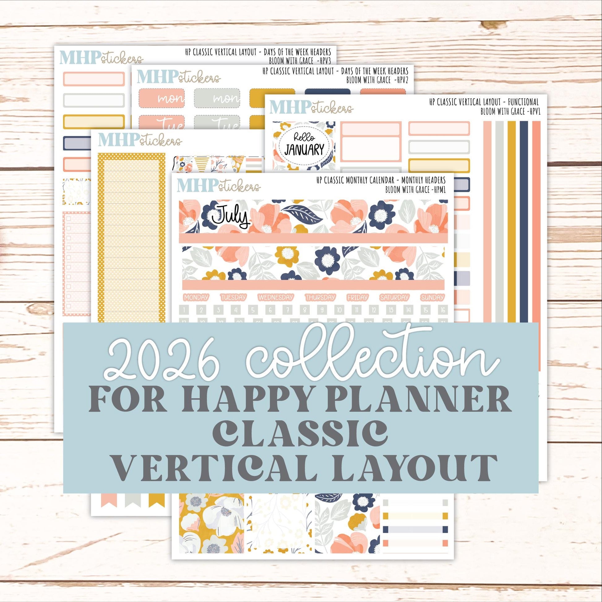 JULY Stickers for Happy Planner Classic Vertical Layout. 2026 Collection. "Bloom with Grace" || HPV