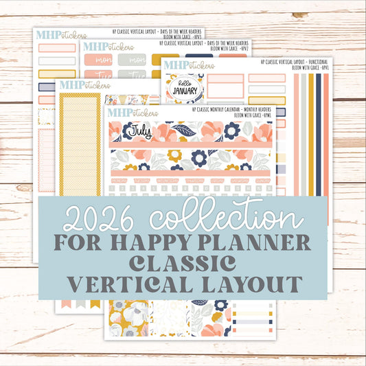 JULY Stickers for Happy Planner Classic Vertical Layout. 2026 Collection. "Bloom with Grace" || HPV