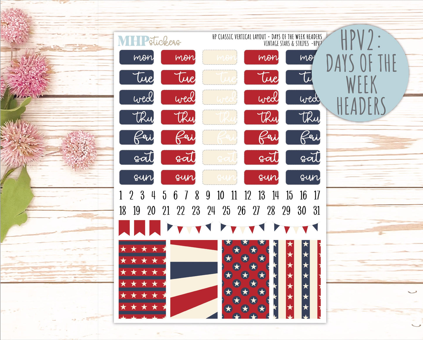 JULY Stickers for Happy Planner Classic Vertical Layout. 2026 Collection. "Vintage Stars & Stripes" || HPV
