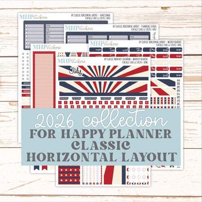 JULY Stickers for Happy Planner Classic Horizontal Layout. 2026 Collection. "Vintage Stars & Stripes" || HPH