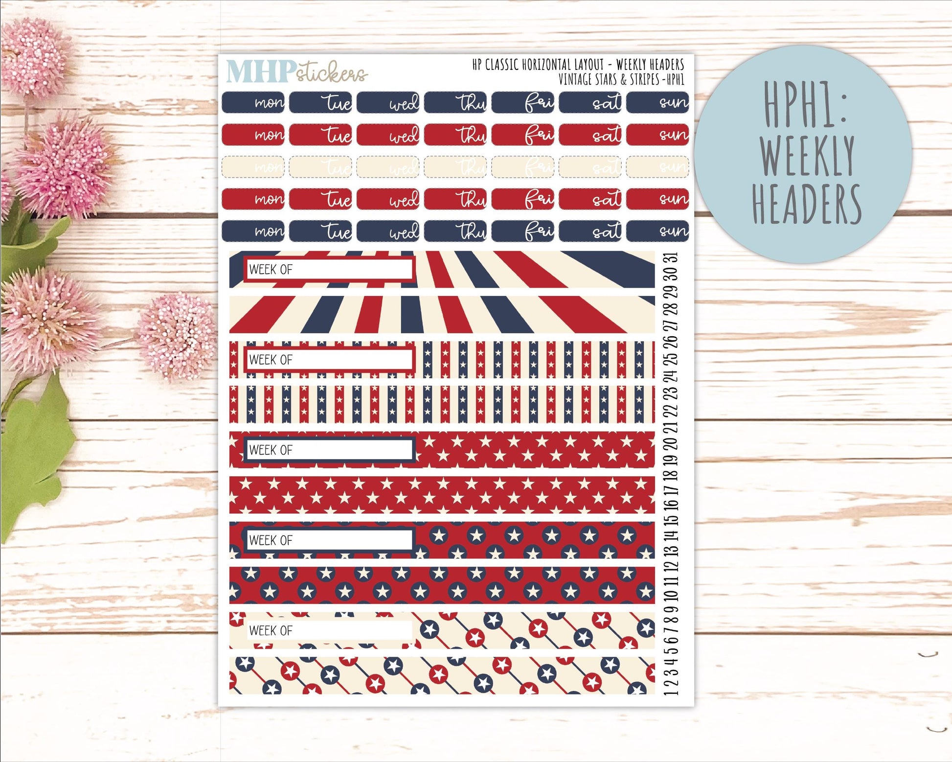 JULY Stickers for Happy Planner Classic Horizontal Layout. 2026 Collection. "Vintage Stars & Stripes" || HPH