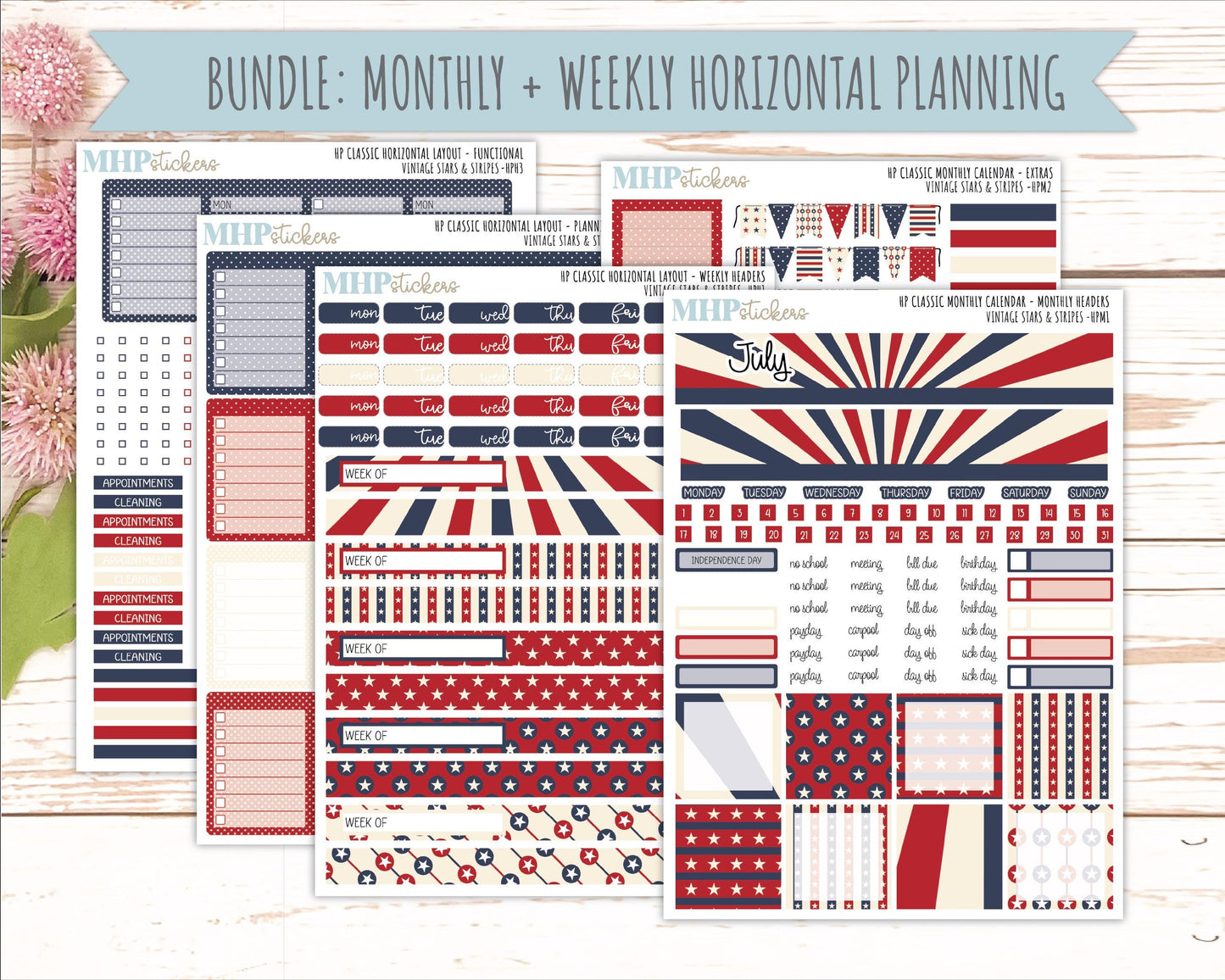 JULY Stickers for Happy Planner Classic Horizontal Layout. 2026 Collection. "Vintage Stars & Stripes" || HPH