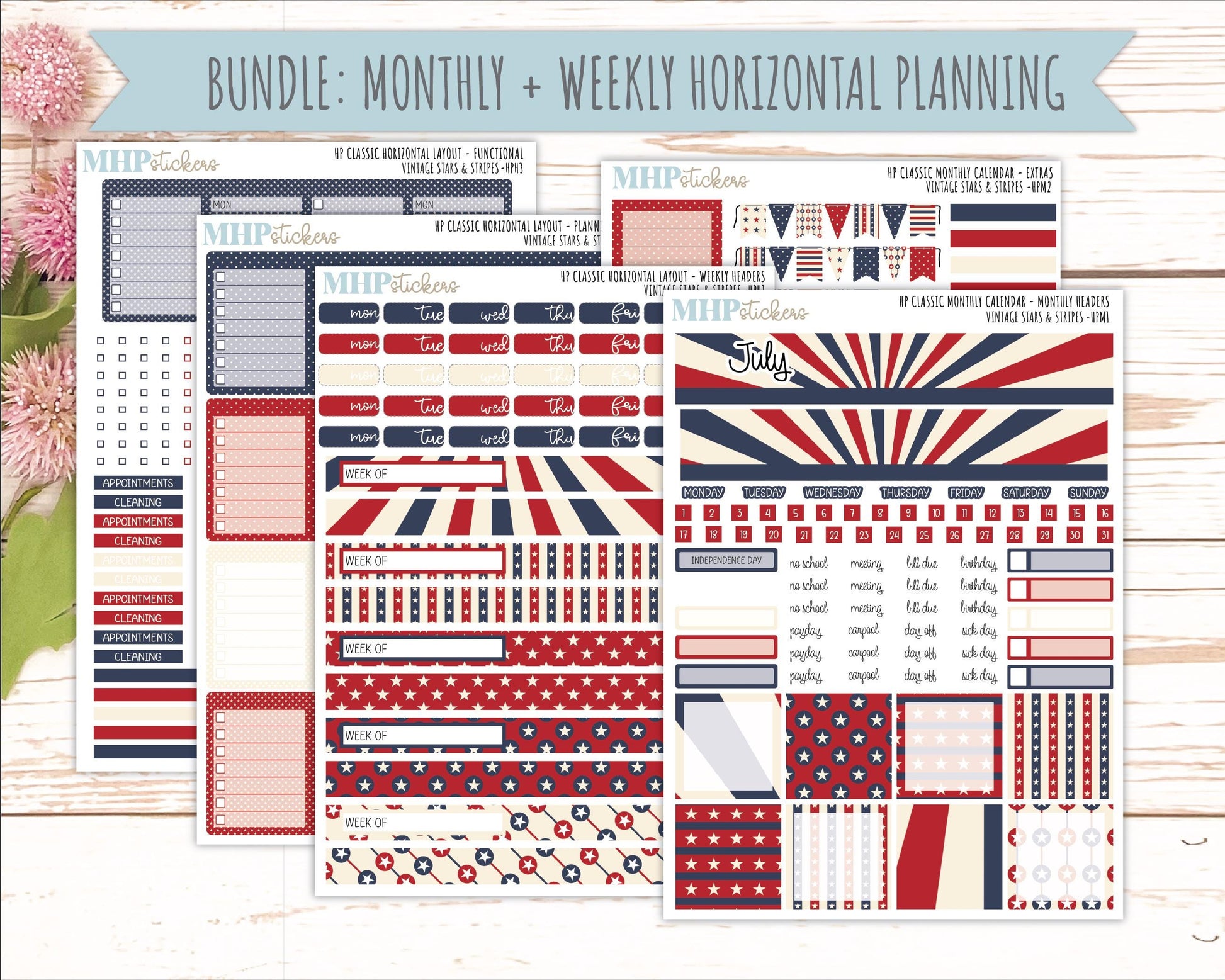 JULY Stickers for Happy Planner Classic Horizontal Layout. 2026 Collection. "Vintage Stars & Stripes" || HPH