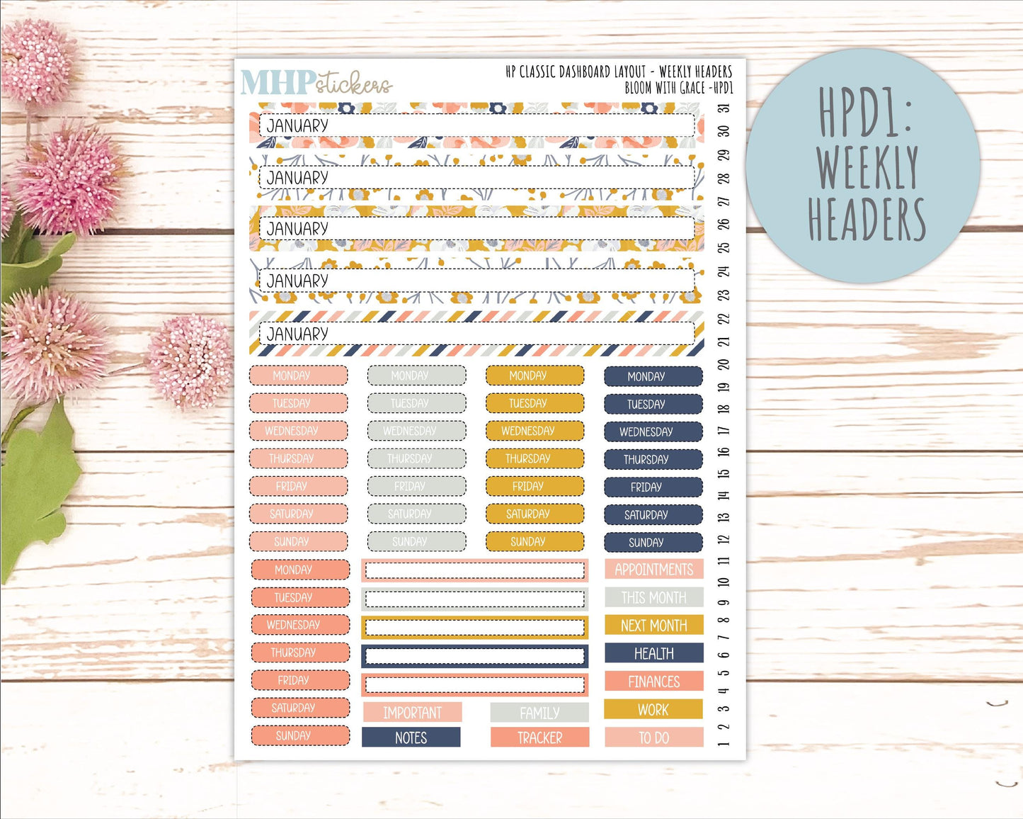 JULY Stickers for Happy Planner Classic Dashboard Layout. 2026 Collection. "Bloom with Grace" || HPD