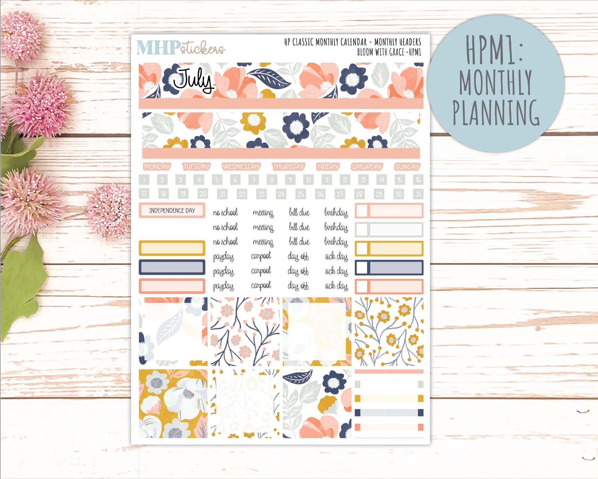 JULY Stickers for Happy Planner Classic Dashboard Layout. 2026 Collection. "Bloom with Grace" || HPD