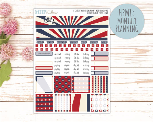 JULY Stickers for Happy Planner Classic Dashboard Layout. 2026 Collection. "Vintage Stars & Stripes" || HPD