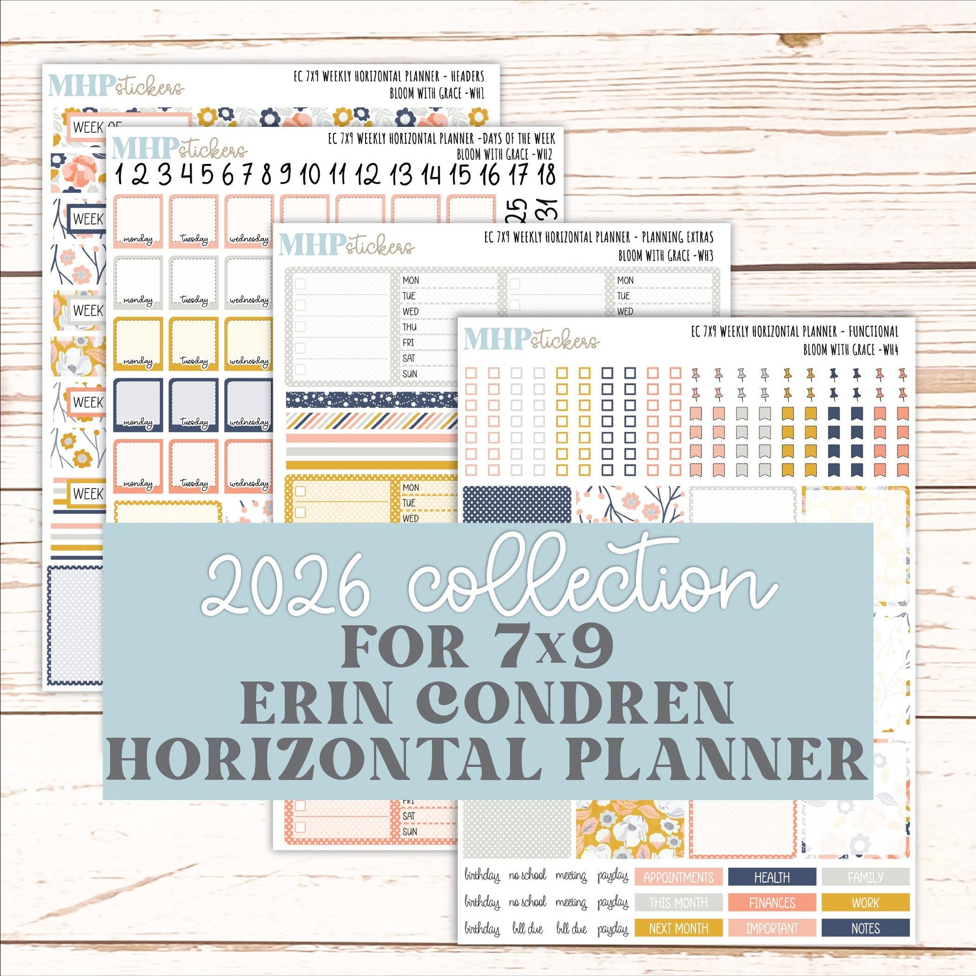 JULY Weekly Horizontal Planning Kit for 7x9 Erin Condren Planners. 2026 Collection "Blomom with Grace" || ECWH