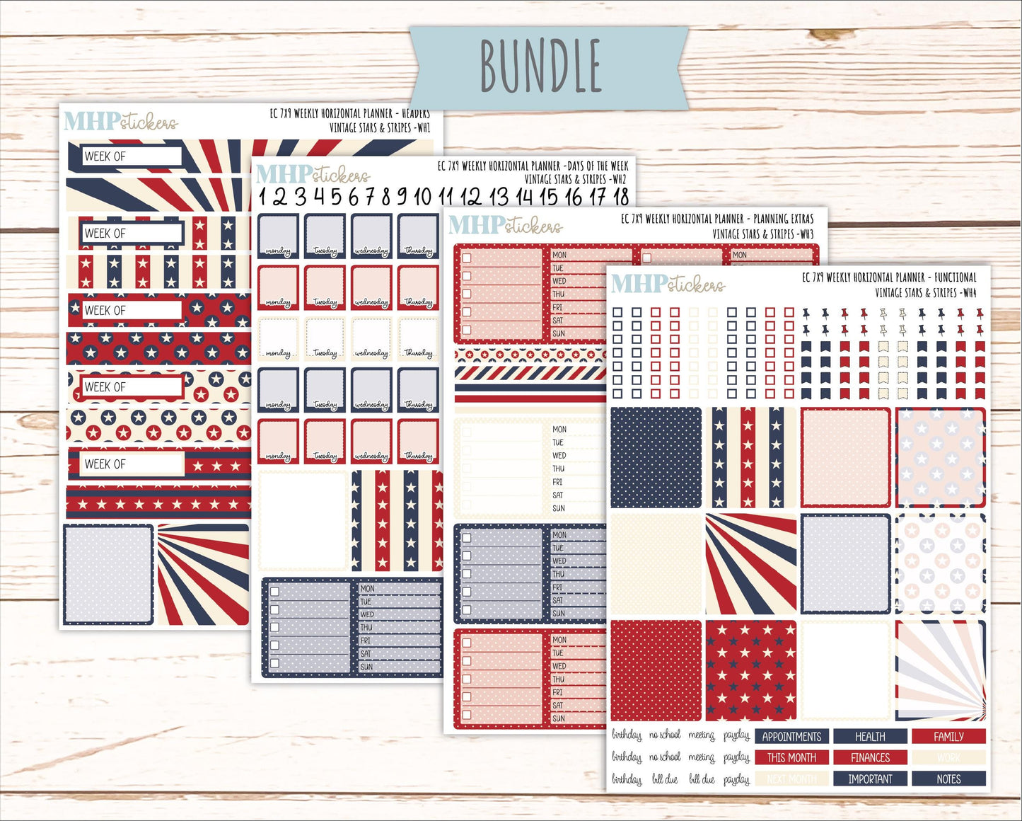 JULY Weekly Horizontal Planning Kit for 7x9 Erin Condren Planners. 2026 Collection "Vintage Stars & Stripes " || ECWH