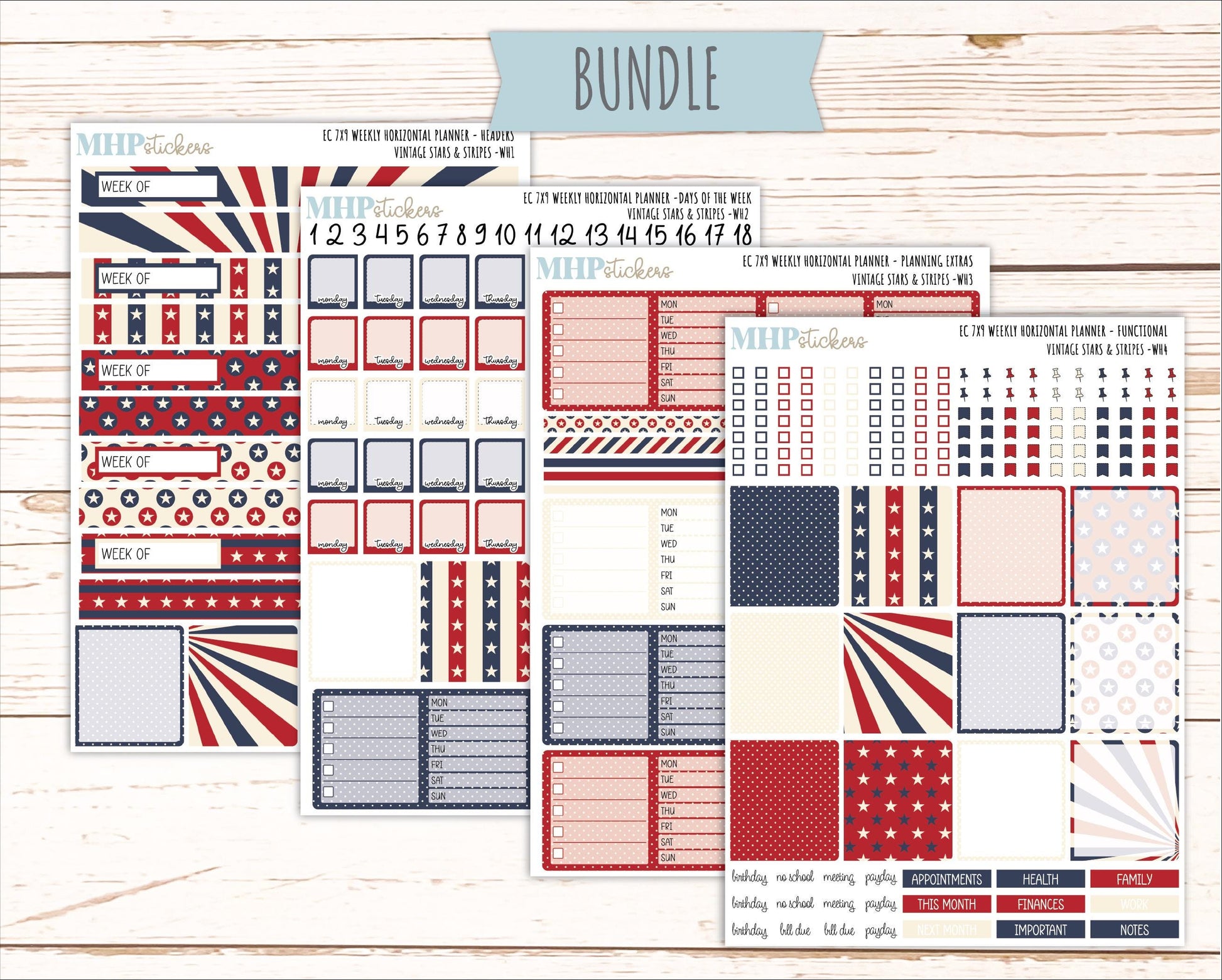 JULY Weekly Horizontal Planning Kit for 7x9 Erin Condren Planners. 2026 Collection "Vintage Stars & Stripes " || ECWH