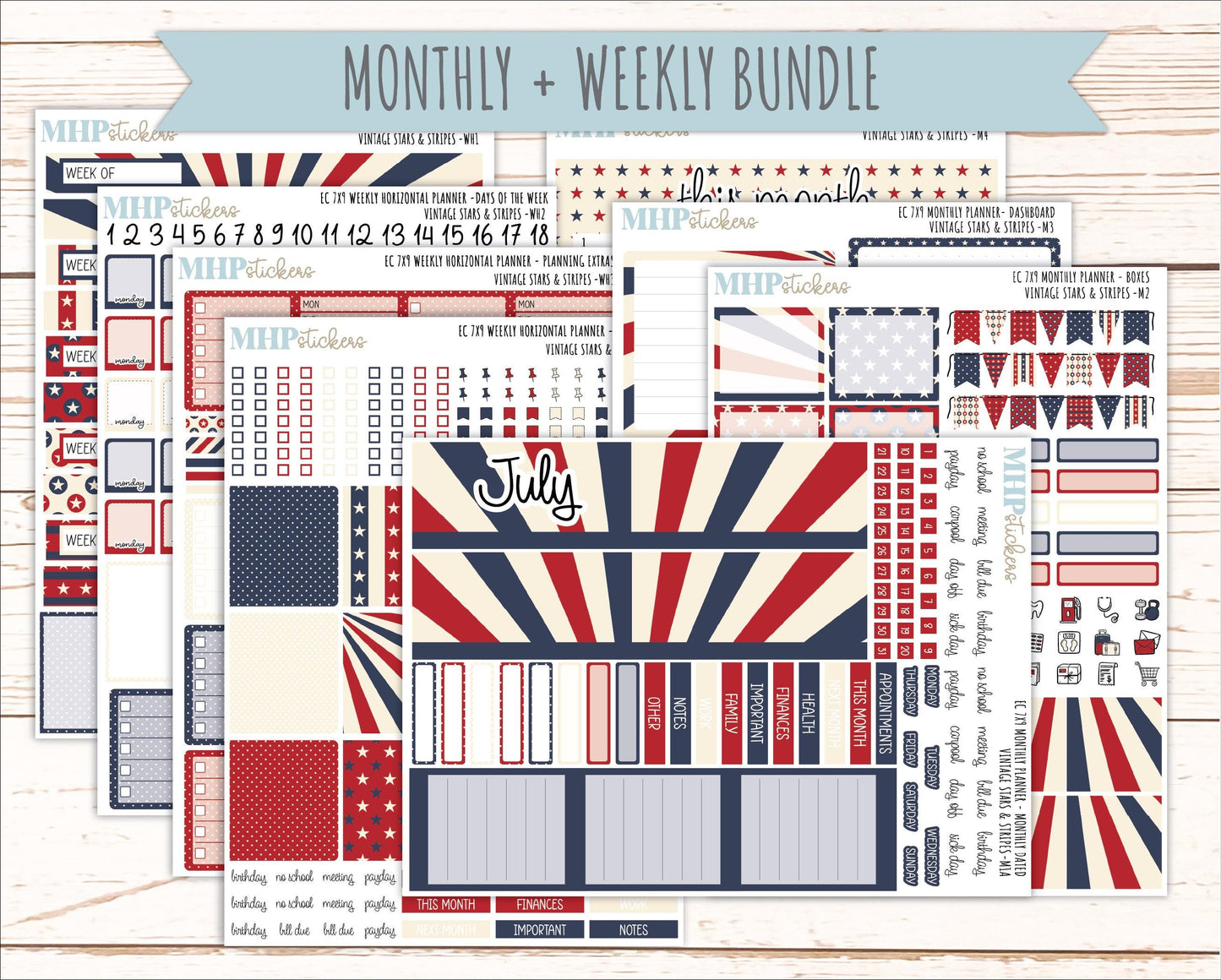 JULY Weekly Horizontal Planning Kit for 7x9 Erin Condren Planners. 2026 Collection "Vintage Stars & Stripes " || ECWH