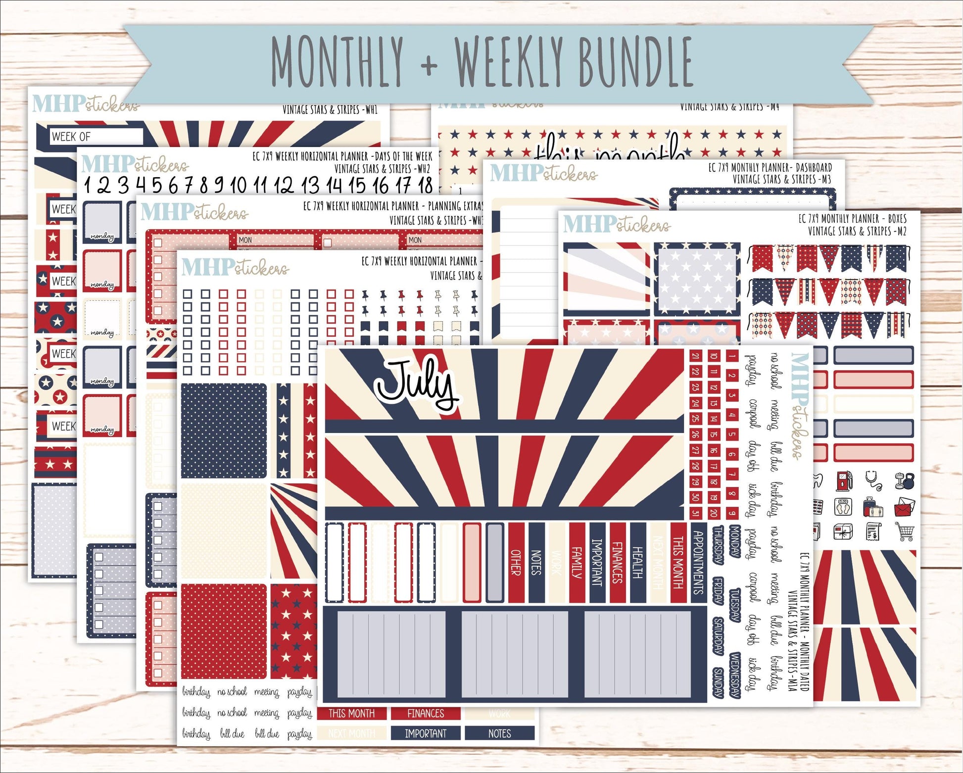 JULY Weekly Horizontal Planning Kit for 7x9 Erin Condren Planners. 2026 Collection "Vintage Stars & Stripes " || ECWH