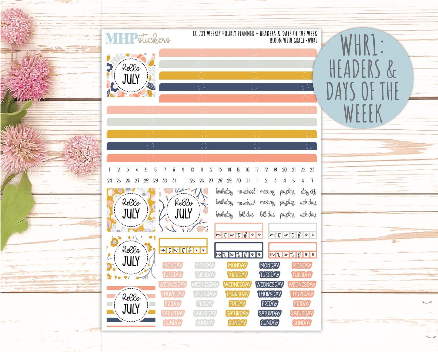 JULY Weekly Hourly Planning Kits for 7x9 Erin Condren Planners. 2026 Collection "Bloom with Grace" || ECWHR