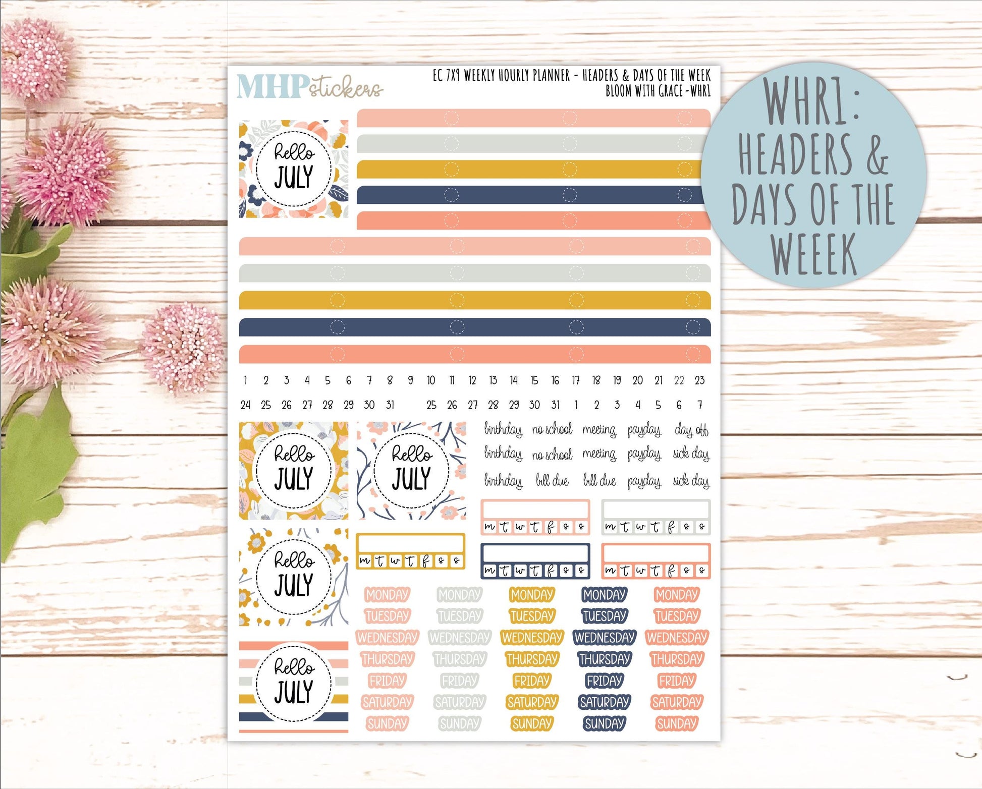 JULY Weekly Hourly Planning Kits for 7x9 Erin Condren Planners. 2026 Collection "Bloom with Grace" || ECWHR