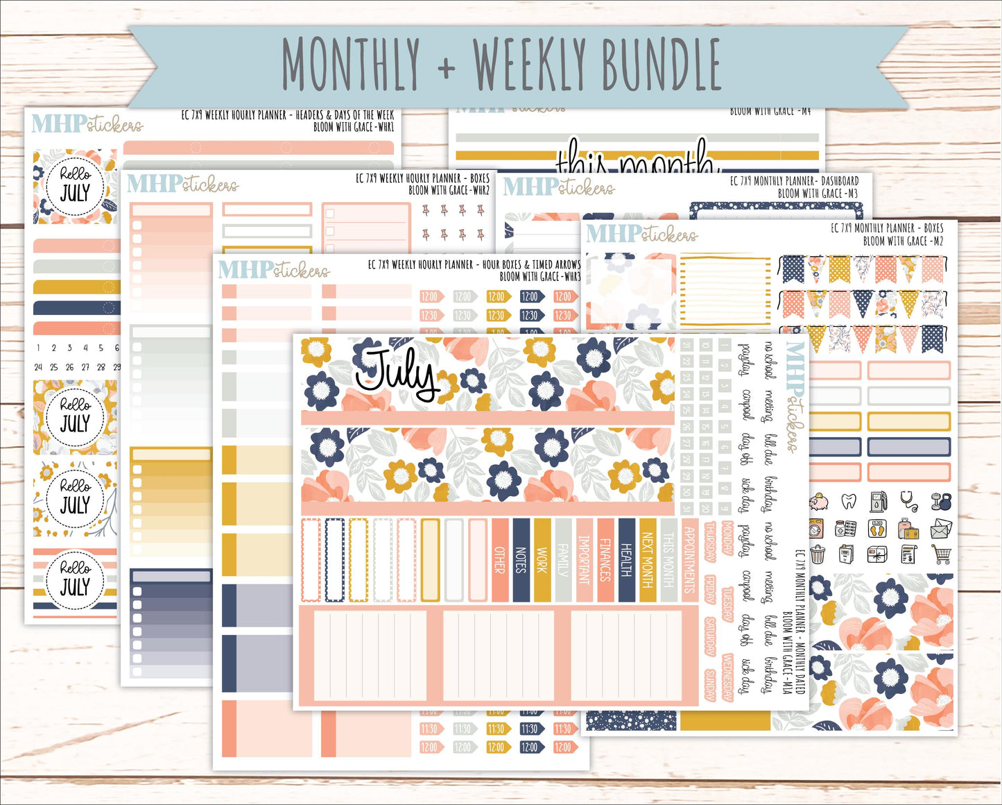 JULY Weekly Hourly Planning Kits for 7x9 Erin Condren Planners. 2026 Collection "Bloom with Grace" || ECWHR
