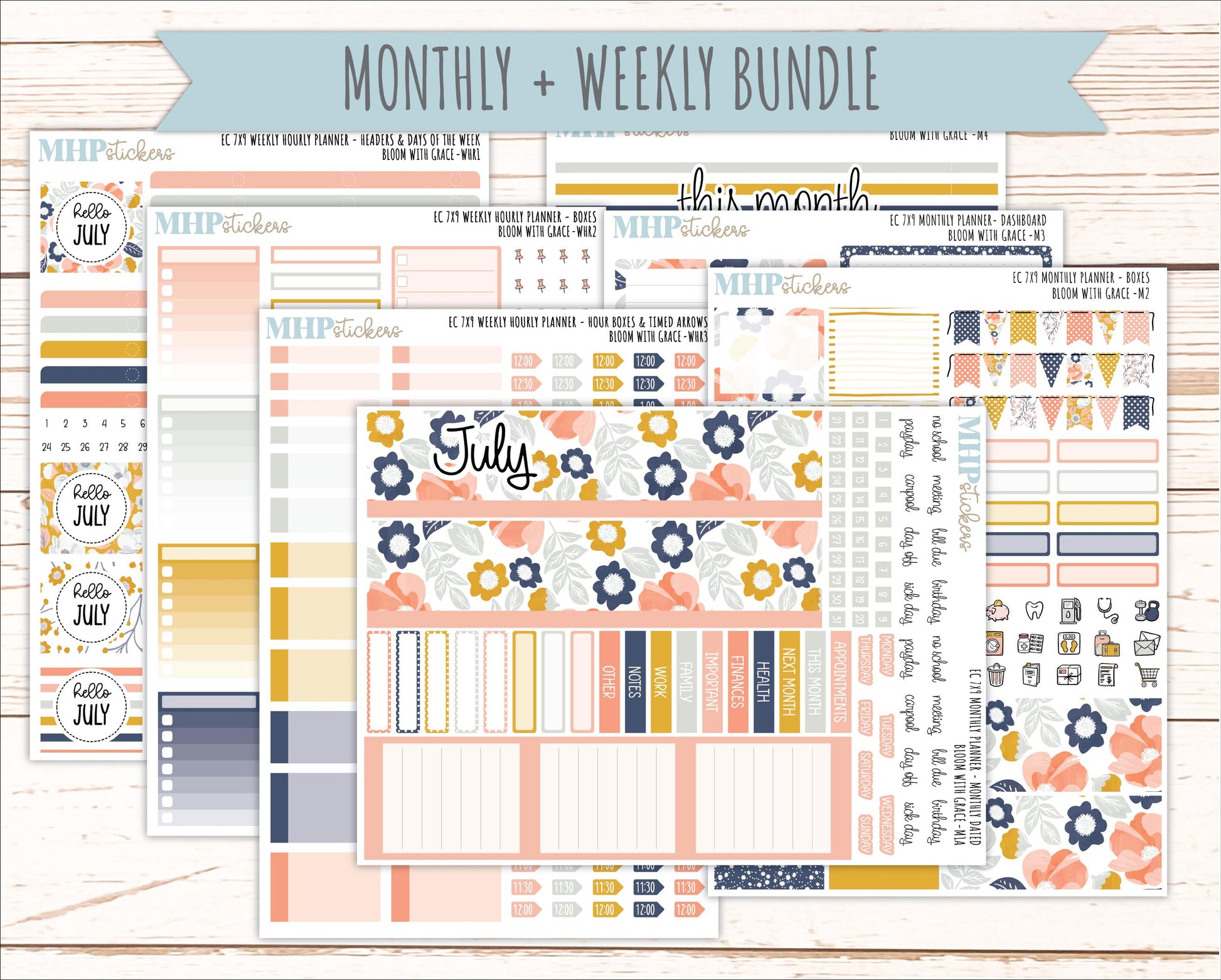 JULY Weekly Hourly Planning Kits for 7x9 Erin Condren Planners. 2026 Collection "Bloom with Grace" || ECWHR