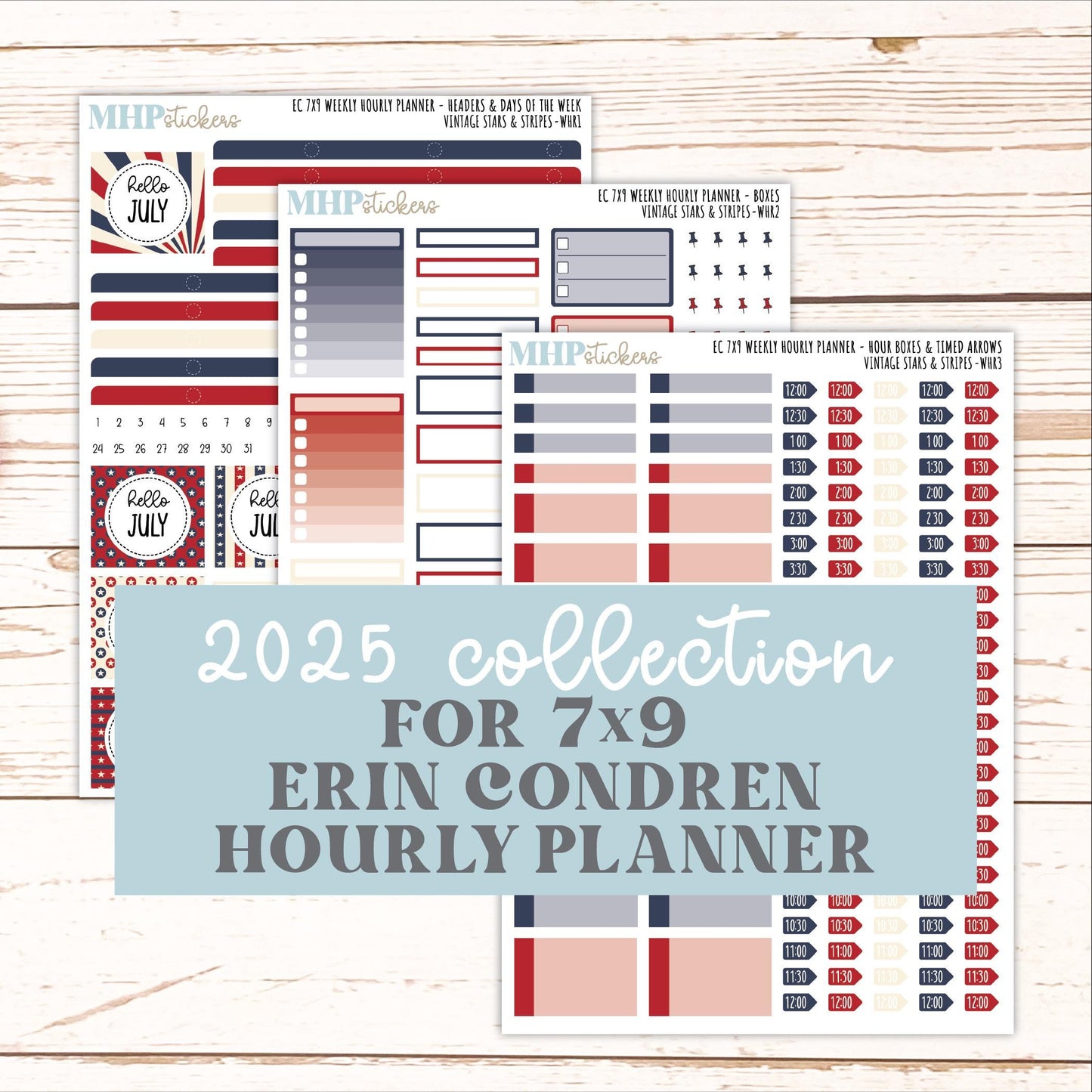 JULY Weekly Hourly Planning Kits for 7x9 Erin Condren Planners. 2026 Collection "Vintage Stars & stripes" || ECWHR