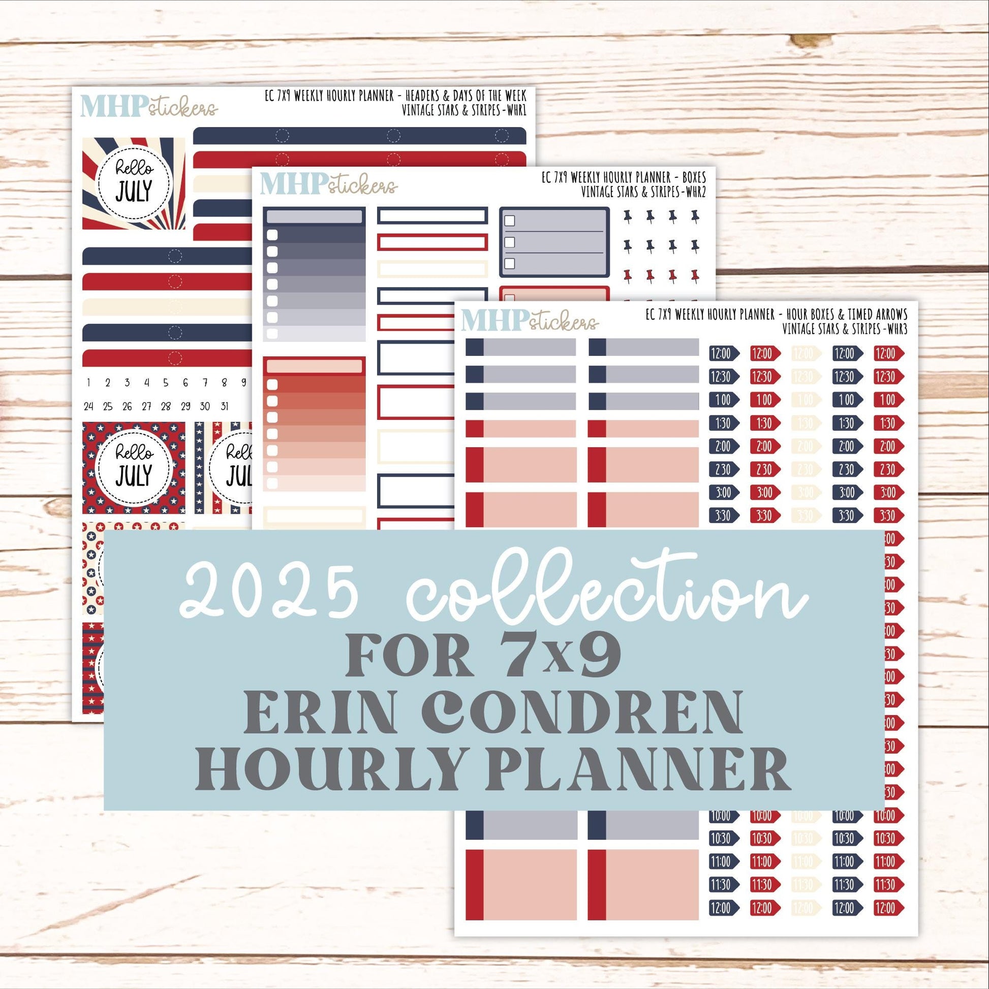 JULY Weekly Hourly Planning Kits for 7x9 Erin Condren Planners. 2026 Collection "Vintage Stars & stripes" || ECWHR