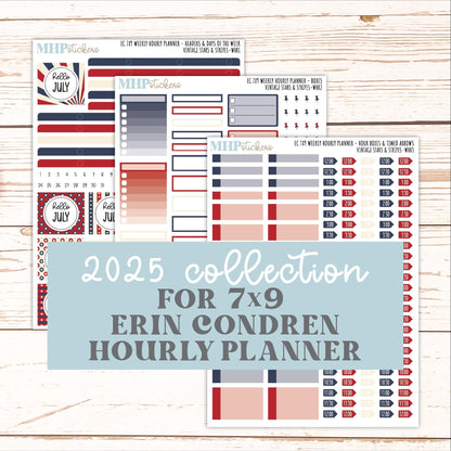 JULY Weekly Hourly Planning Kits for 7x9 Erin Condren Planners. 2026 Collection "Vintage Stars & stripes" || ECWHR