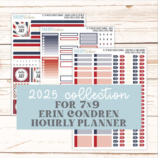 JULY Weekly Hourly Planning Kits for 7x9 Erin Condren Planners. 2026 Collection "Vintage Stars & stripes" || ECWHR