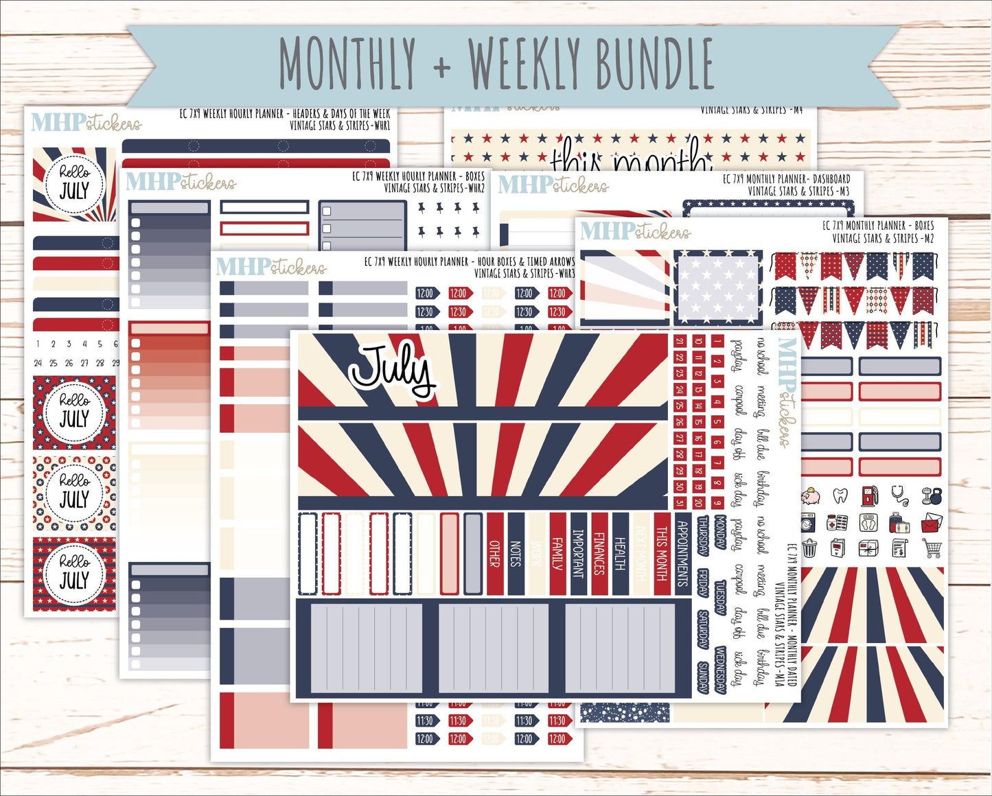 JULY Weekly Hourly Planning Kits for 7x9 Erin Condren Planners. 2026 Collection "Vintage Stars & stripes" || ECWHR
