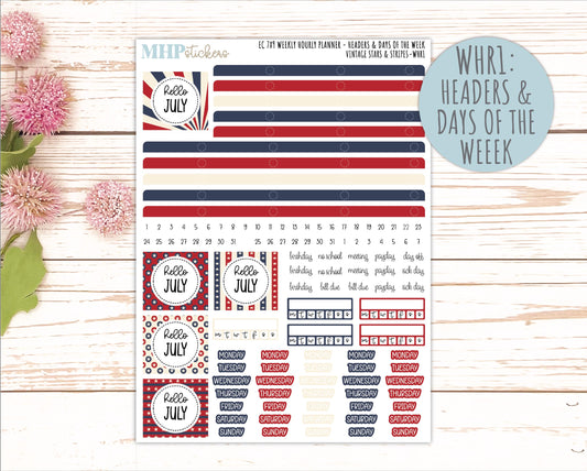 JULY Weekly Hourly Planning Kits for 7x9 Erin Condren Planners. 2026 Collection "Vintage Stars & stripes" || ECWHR