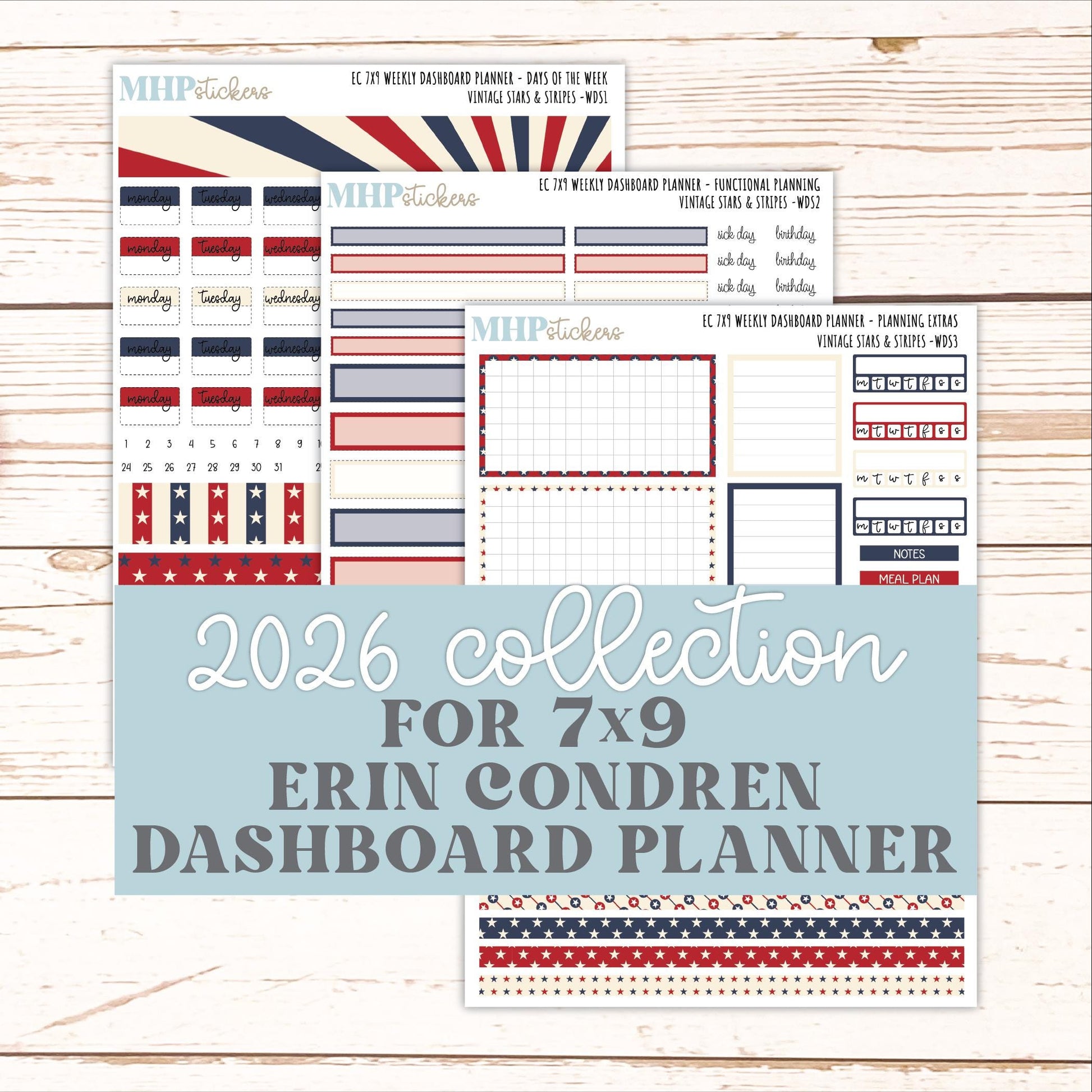 JULY Weekly Dashboard Kit for 7x9 Erin Condren Planners. 2026 Collection "Vintage Stars & Stripes" || ECWDS