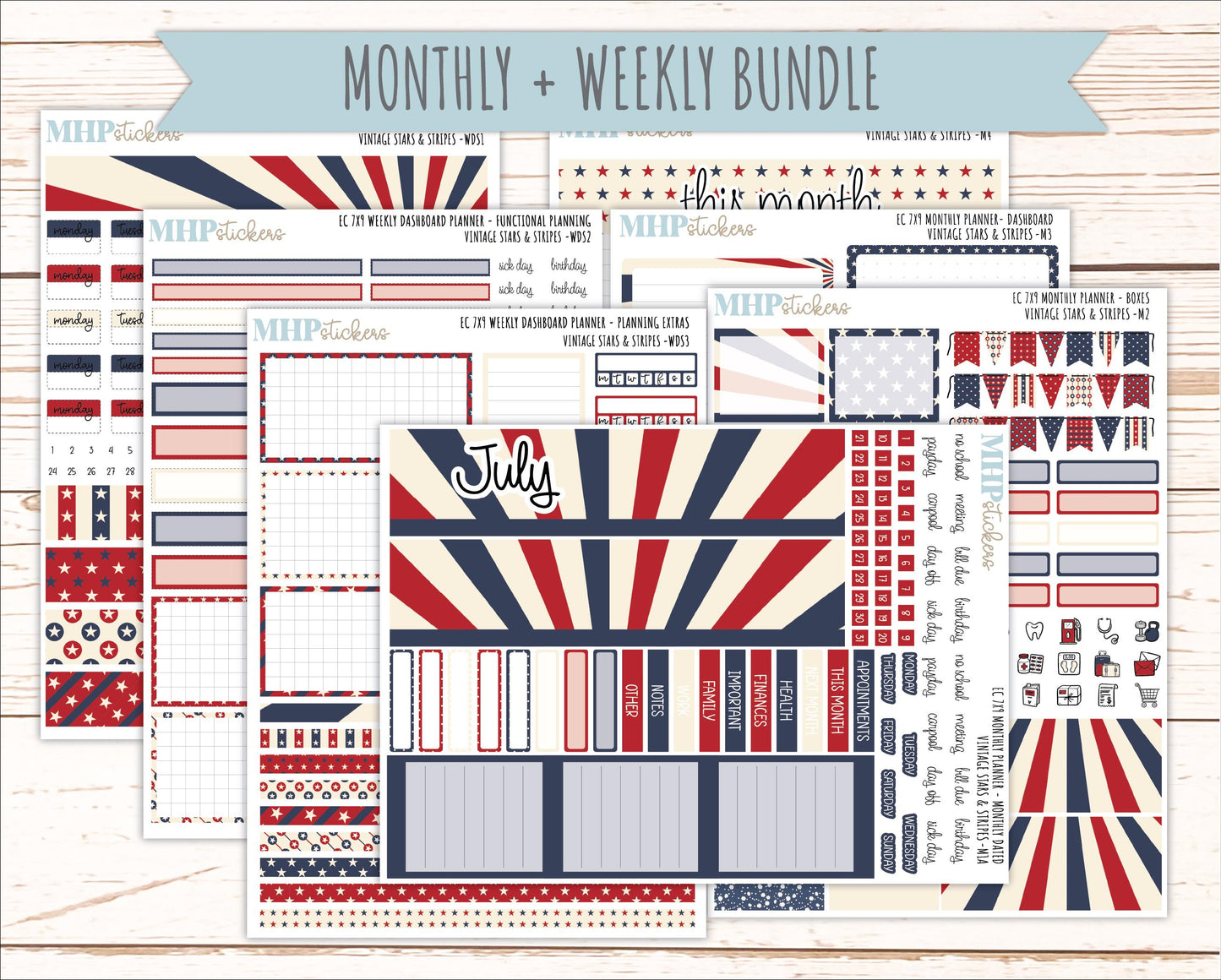 JULY Weekly Dashboard Kit for 7x9 Erin Condren Planners. 2026 Collection "Vintage Stars & Stripes" || ECWDS