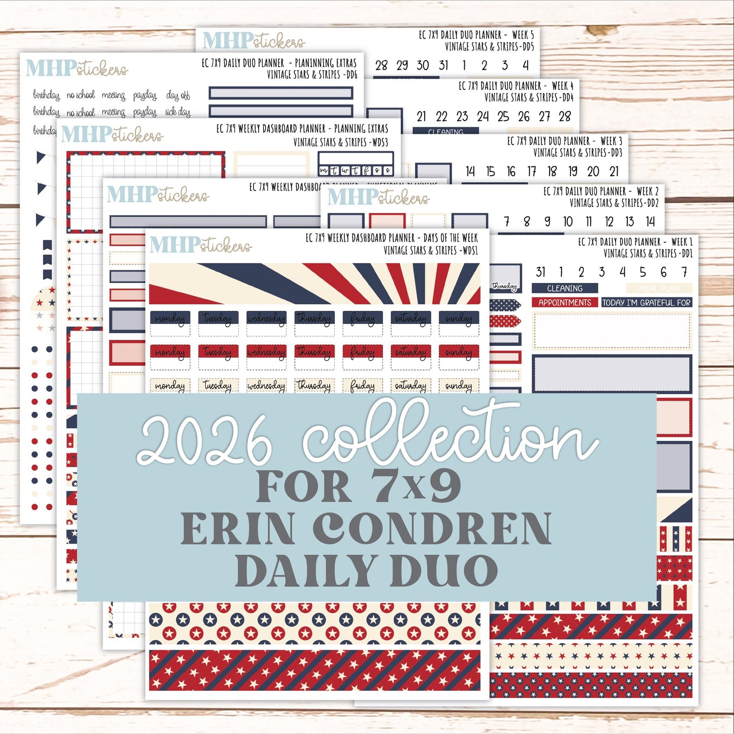 JULY Daily Duo Sticker Kit for 7x9 Erin Condren Planners. 2026 Collection "Vintage Stars & Stripes || ECDD