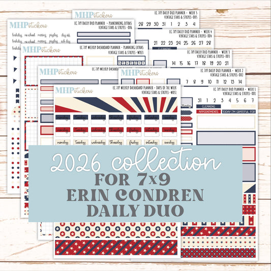 JULY Daily Duo Sticker Kit for 7x9 Erin Condren Planners. 2026 Collection "Vintage Stars & Stripes || ECDD