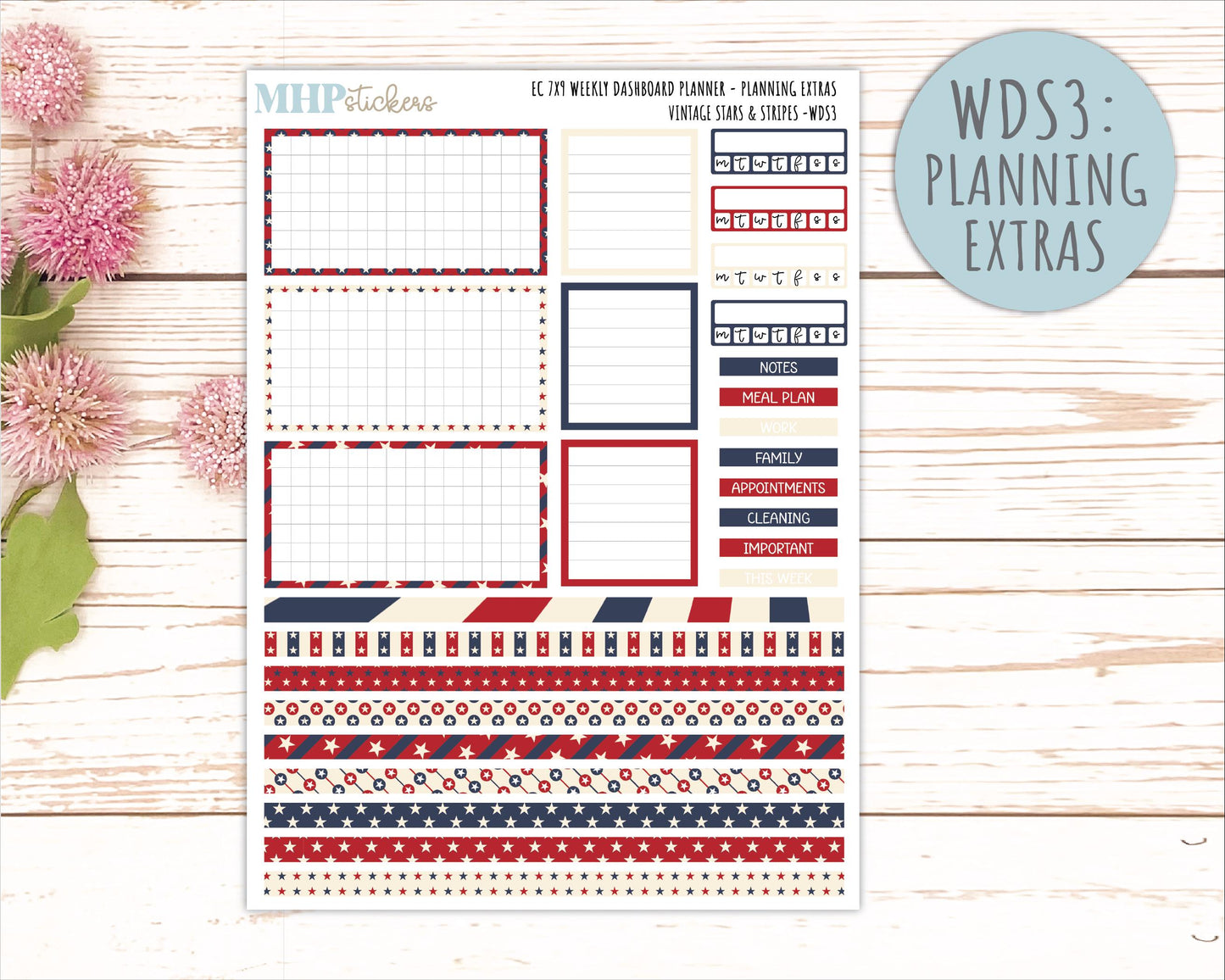 JULY Daily Duo Sticker Kit for 7x9 Erin Condren Planners. 2026 Collection "Vintage Stars & Stripes || ECDD
