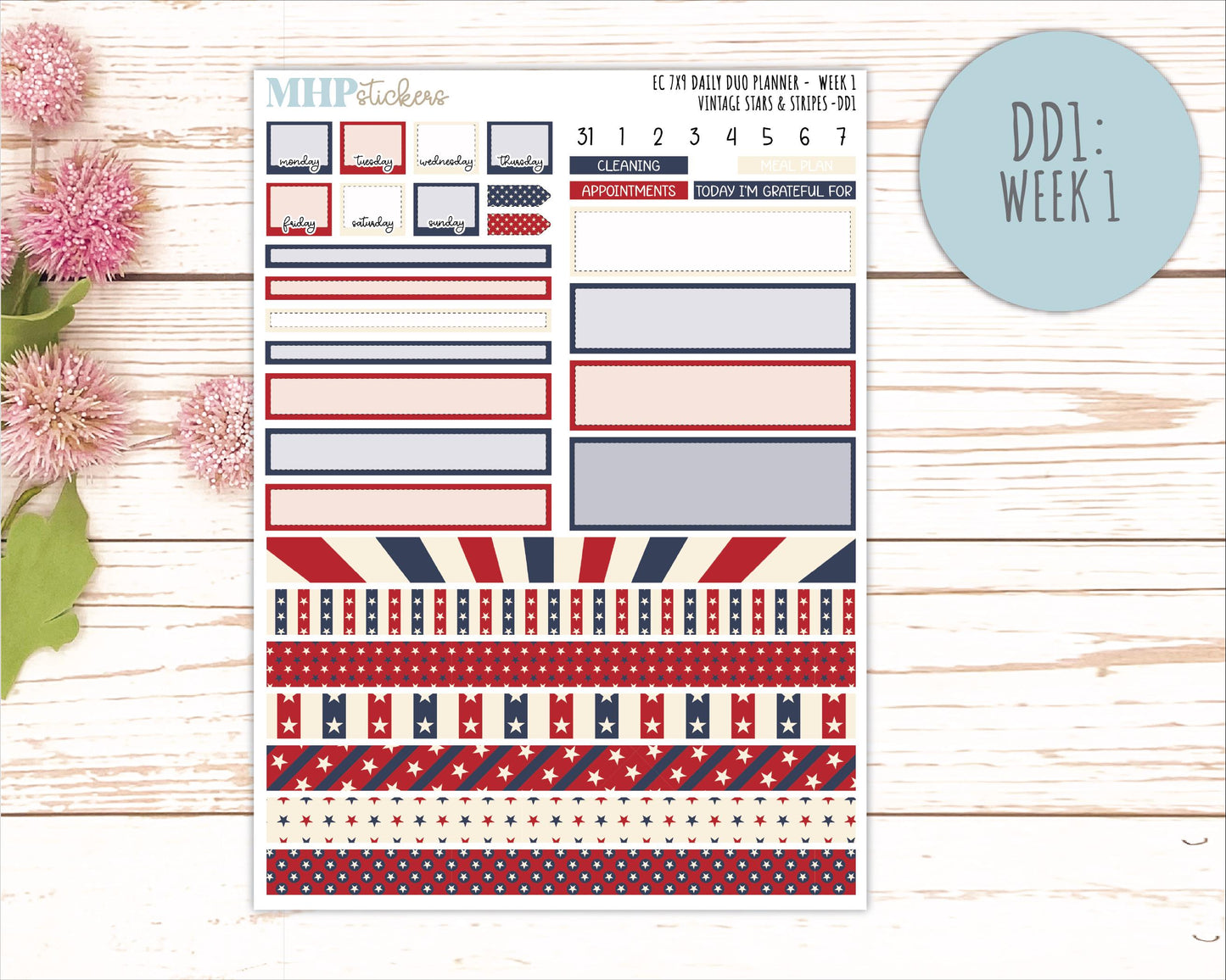 JULY Daily Duo Sticker Kit for 7x9 Erin Condren Planners. 2026 Collection "Vintage Stars & Stripes || ECDD