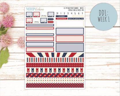 JULY Daily Duo Sticker Kit for 7x9 Erin Condren Planners. 2026 Collection "Vintage Stars & Stripes || ECDD