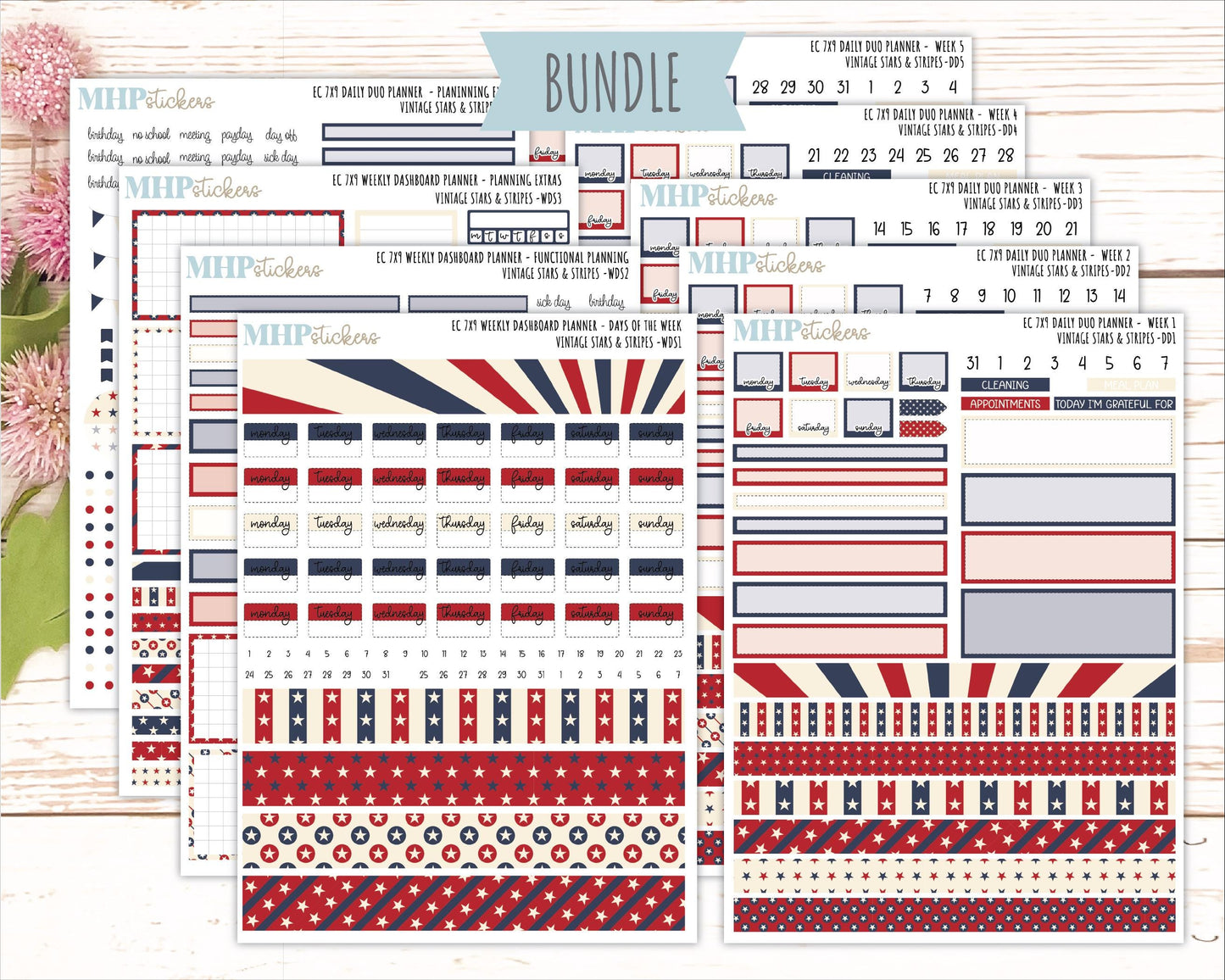 JULY Daily Duo Sticker Kit for 7x9 Erin Condren Planners. 2026 Collection "Vintage Stars & Stripes || ECDD