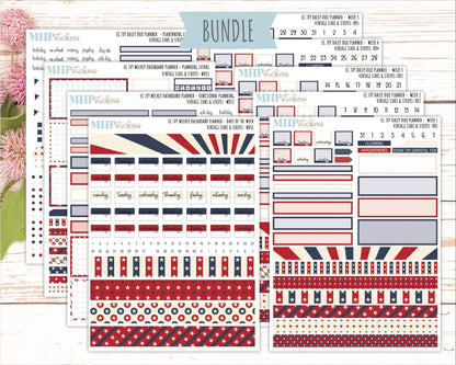 JULY Daily Duo Sticker Kit for 7x9 Erin Condren Planners. 2026 Collection "Vintage Stars & Stripes || ECDD