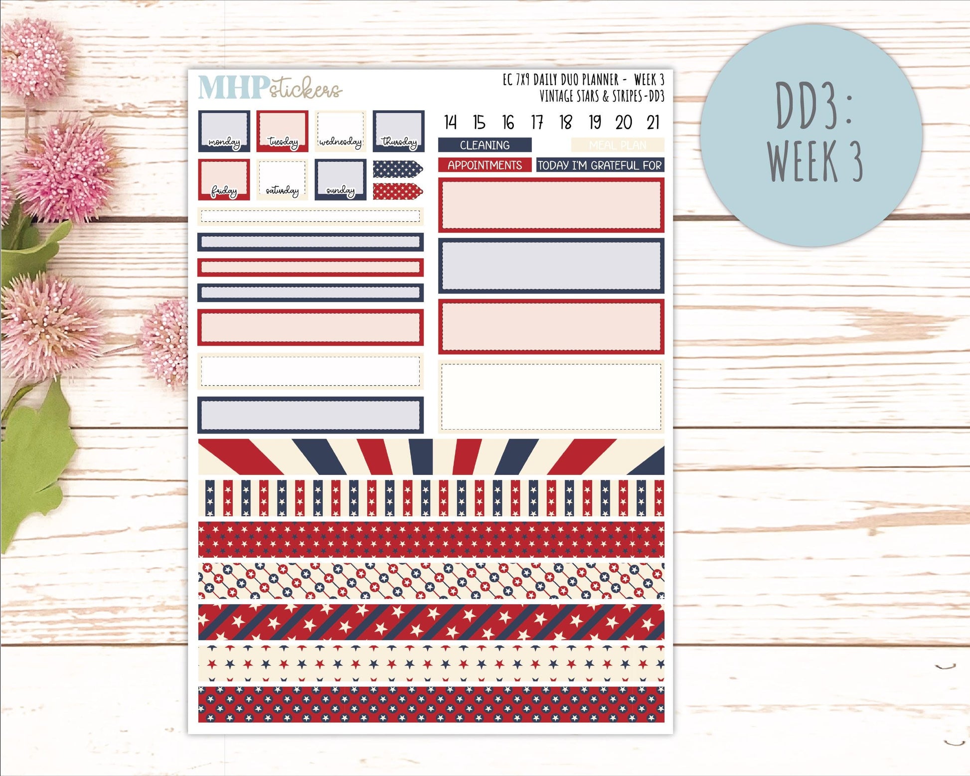 JULY Daily Duo Sticker Kit for 7x9 Erin Condren Planners. 2026 Collection "Vintage Stars & Stripes || ECDD