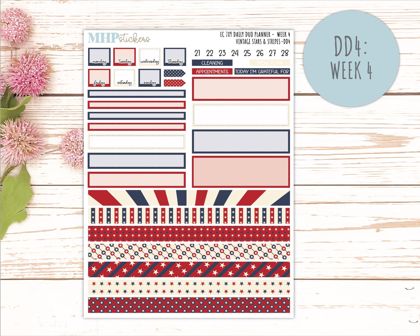 JULY Daily Duo Sticker Kit for 7x9 Erin Condren Planners. 2026 Collection "Vintage Stars & Stripes || ECDD