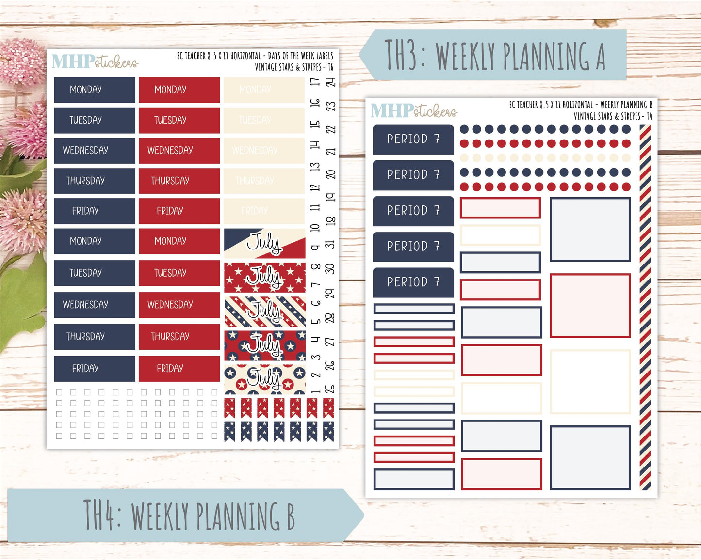 JULY Stickers for EC Teacher Lesson Planner - Horizontal Layout. 2026 Collection "Vintage Stars & Stripes" || ECTH